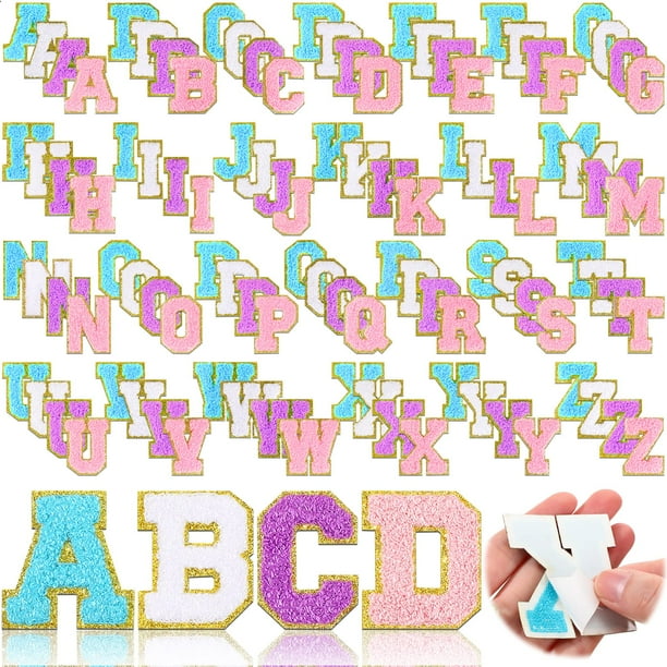 104 parches de letras de chenilla, parches autoadhesivos de chenilla, parche bordado de chenilla (blanco, rosa, morado, azul)