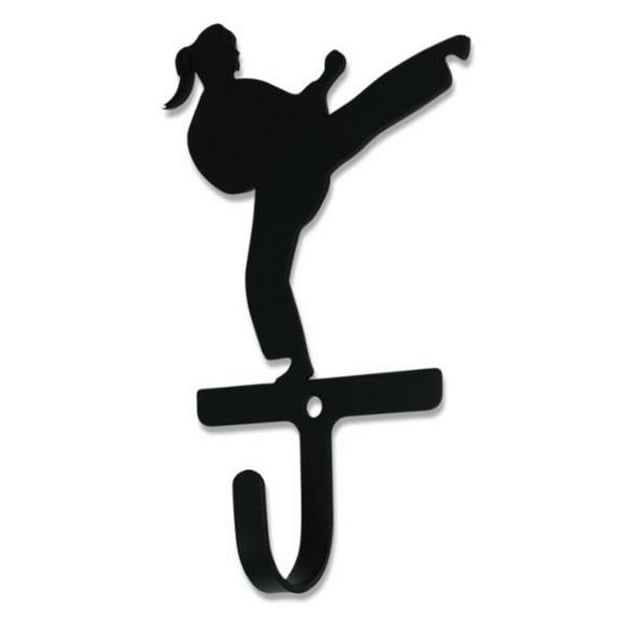 Village Wrought Iron WH-376-S Karate Woman & Girl Wall Hook - Small. A decorative black wrought iron wall hook featuring a silhouette of a woman performing a high kick in karate. The hook measures 3 1/4 inches wide, 5 1/4 inches high, and 1 1/4 inches deep, with a 1-inch inside hook depth. Ideal for hanging coats, leashes, towels, or bags, this multicolour hook adds charm and functionality to any space.