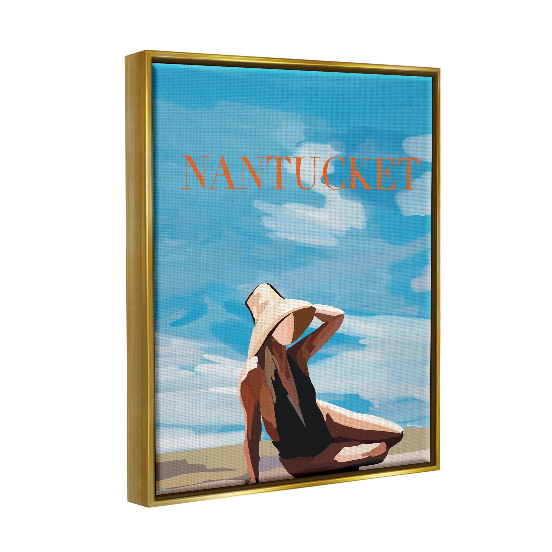 Stupell Industries Nantucket Summer Beach Girl Graphic Art Metallic Gold Floating Framed Canvas Print Wall Art, Design by Amelia Noyes