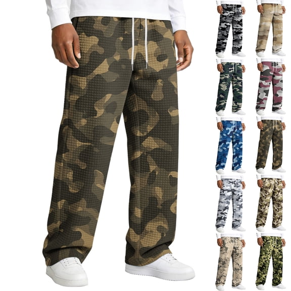 Men's Relaxed-Fit Camouflage Print Drawstring Straight-Leg Pants - Stretch Waist Casual Trousers for Outdoor, Casual, and Military-Inspired WearArmy GreenL