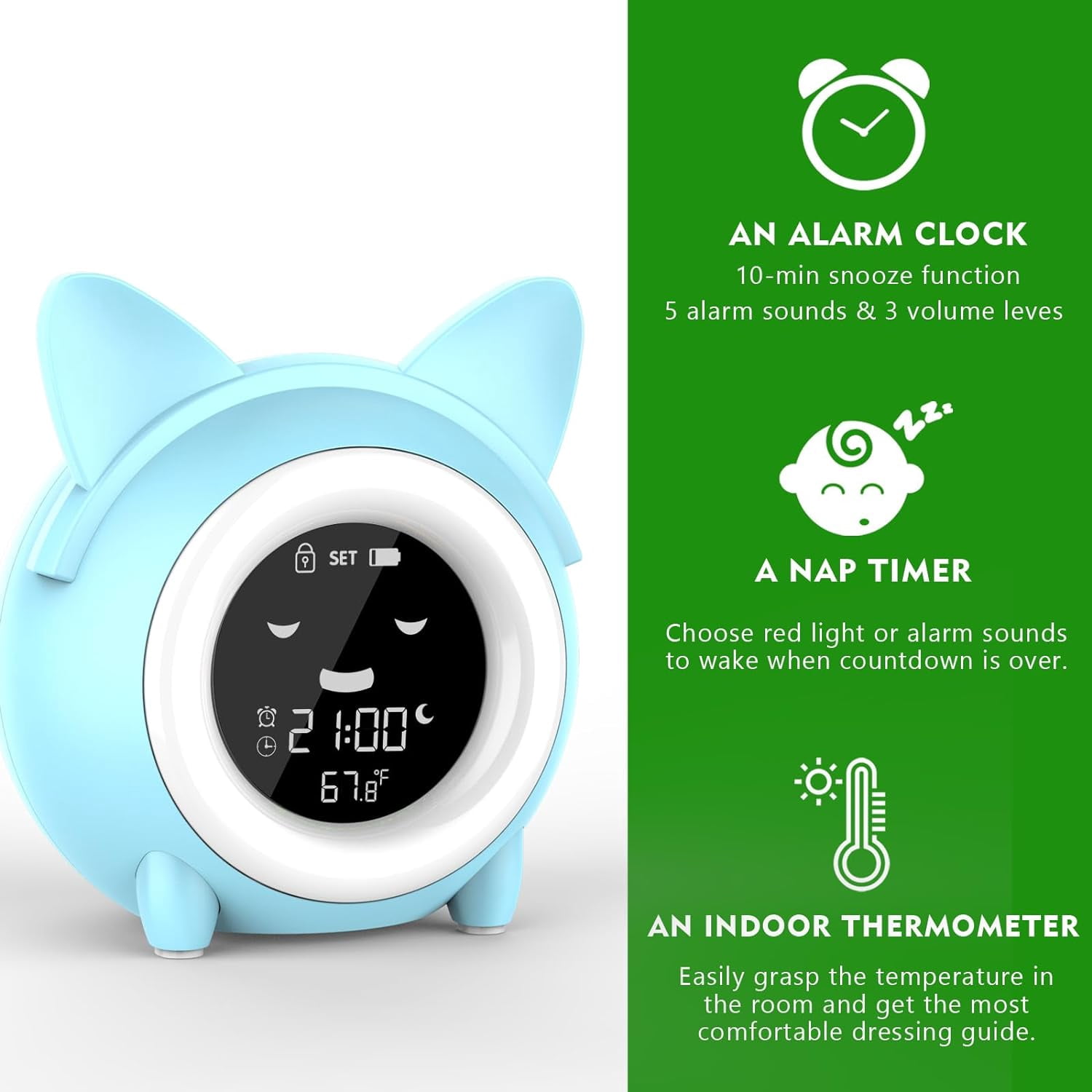 Kids Alarm Clock, Sleep Training with Toddler Night Light, Sleep Sounds Machine, Nap Timer, Temperature Detect, Cute Bedside Clock Kids Room Decor, Birthday