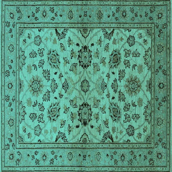 Ahgly Company Machine Washable Indoor Square Oriental Turquoise Blue Traditional Area Rugs, 7' Square