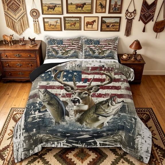 meiyoeat Retro American Flag Buck Fishing Full Size Comforter Sets for Men Boys, Bass Pike Fish Animal Bedding Comforter Set, Beige, Black Reversible, 3 Pieces, 1 Comforter and 2 Pillowcases