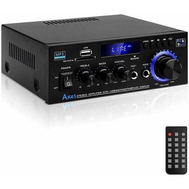 Amplificador HiFi AK45 Mini Amplificador de audio estéreo Bluetooth Receptor 12 V/220 V 400 W Amplificador de audio digital de 2 canales con radio FM, entrada de tarjeta SD/USB para el hogar o el aut