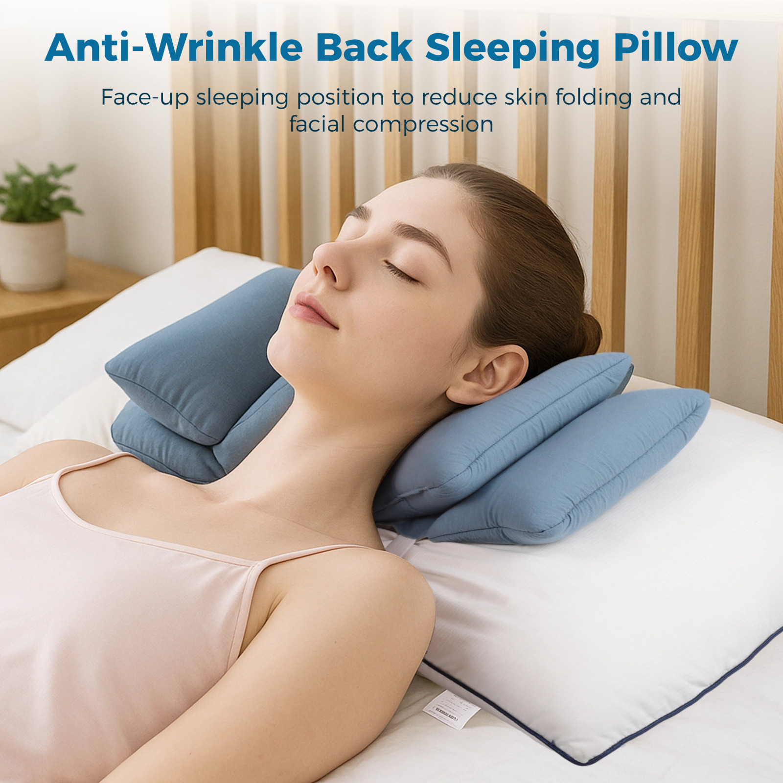 Ergonomic Anti Wrinkle Back Sleeping Pillow - Adjustable Side Supports Face Up Beauty Sleep Positioner for Neck Alignment Posture Correction, Cervical Pillow for Anti Aging (Blue)
