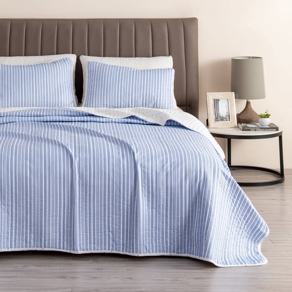 Striped Quilt Set - Lightweight, Soft, All-Season - 2-Piece Reversible Pattern Bedding Set (Twin / Twin XL, Blue)