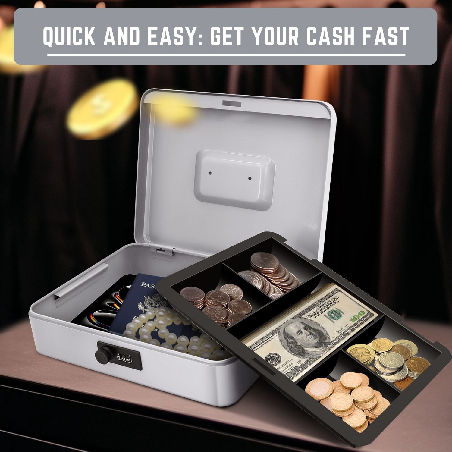 Cash Box with Combination Lock - Metal Cash Box with Money Tray and Lock - 5-Compartment Money Lock Box for Cash, Petty Cash, Checks, Coins, 11.8"x 9.4"x 3.5", Gray
