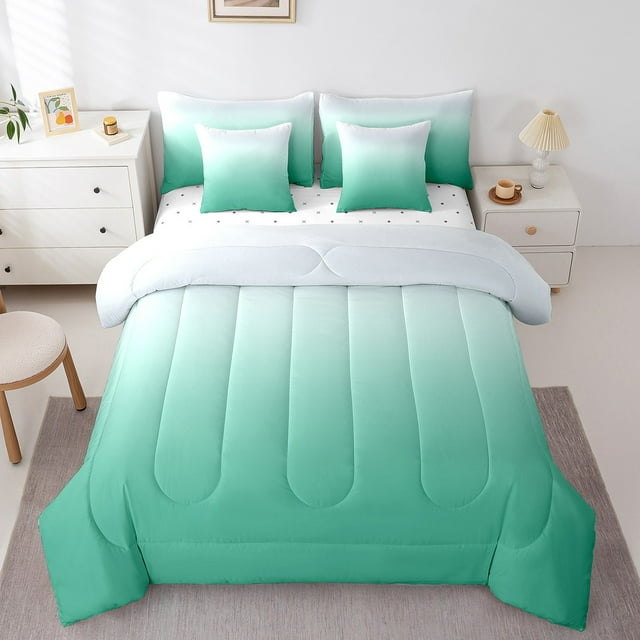 YST Green Ombre 7 Piece Comforter Set, Down Comforter Farmhouse Modern Abstract Art Quilt, Queen