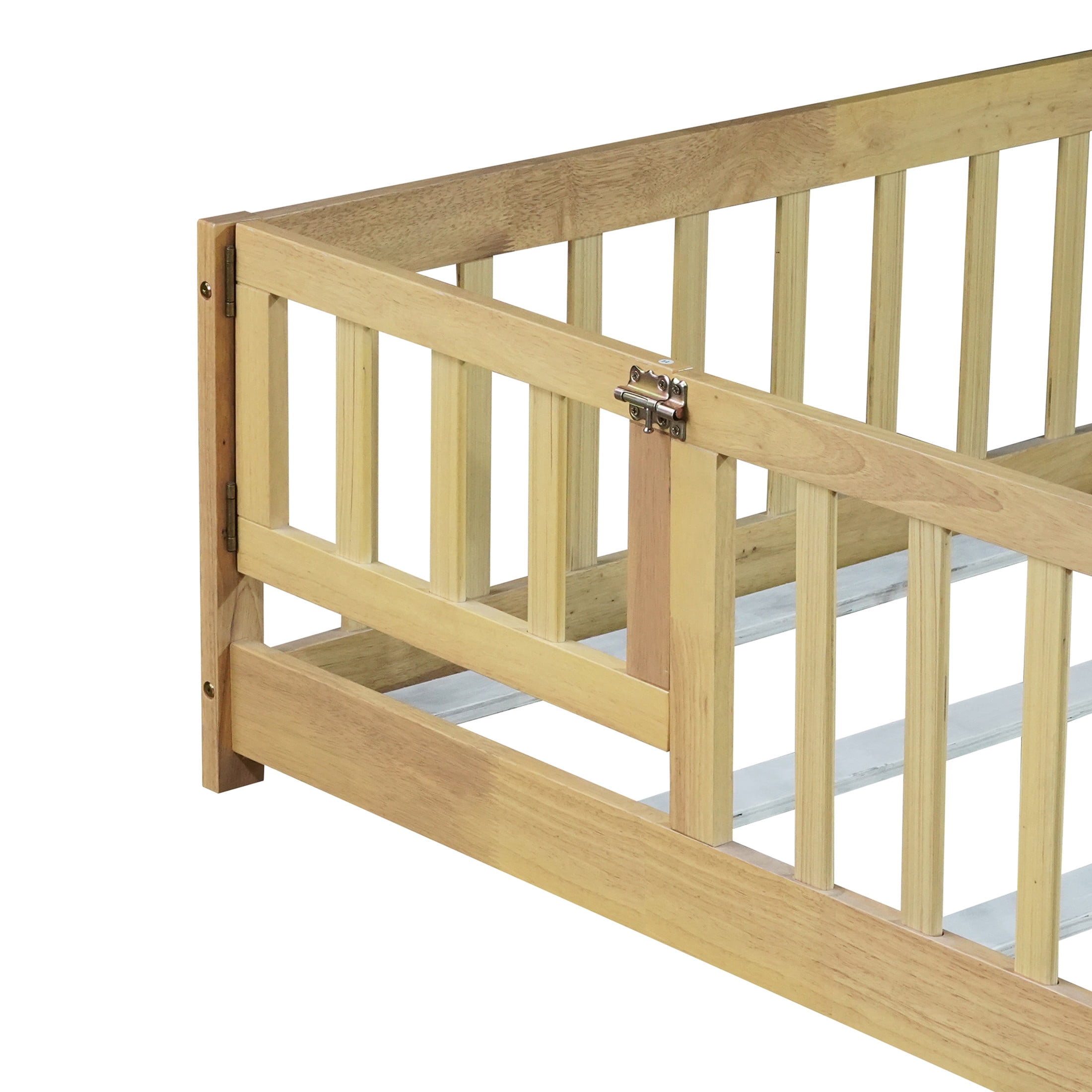 Noble House Mira Full Floor Bed with Fence and Door, Sturdy Rubber Wood Montessori Bed Frame, Kid's Room, Natural