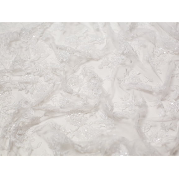 Minerva Sienna Beaded Lace Fabric White - per yard