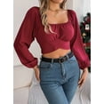 thumbnail image 3 of Women'S Ruched Wrap Square Neck Flounce Long Sleeve Self Tie Crop Top Blouse Wine Red S, 3 of 8