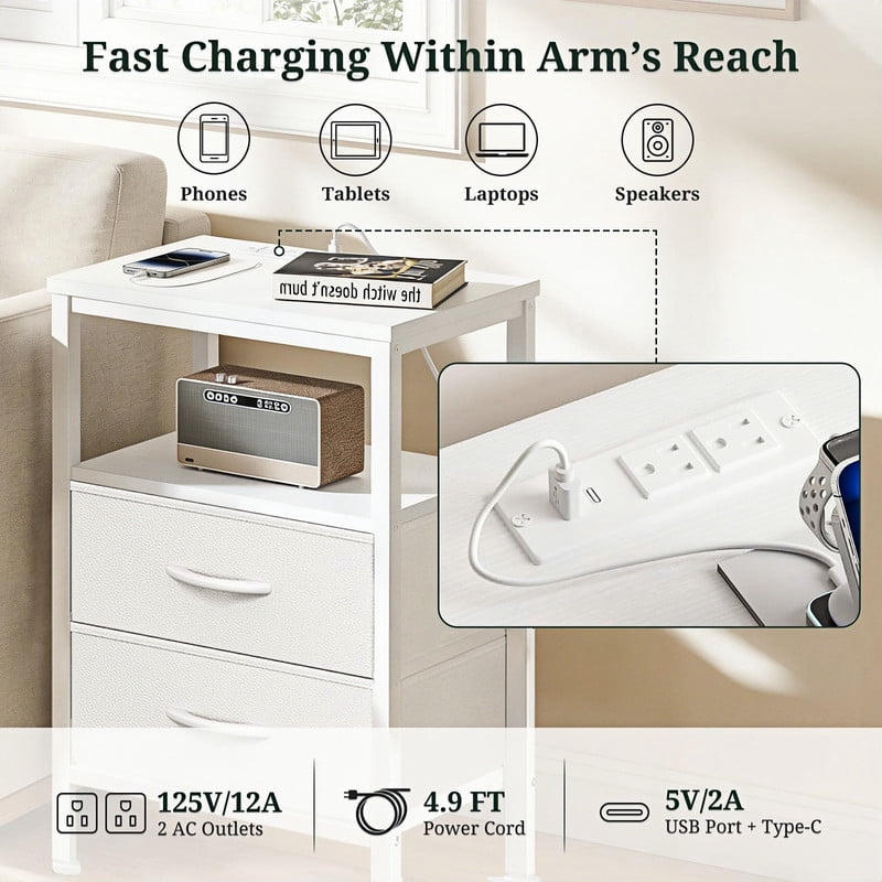 Kelno Nightstand with 2 Fabric Drawers Charging Station Small Bedside Table with Wood Top Open Storage Shelf, White
