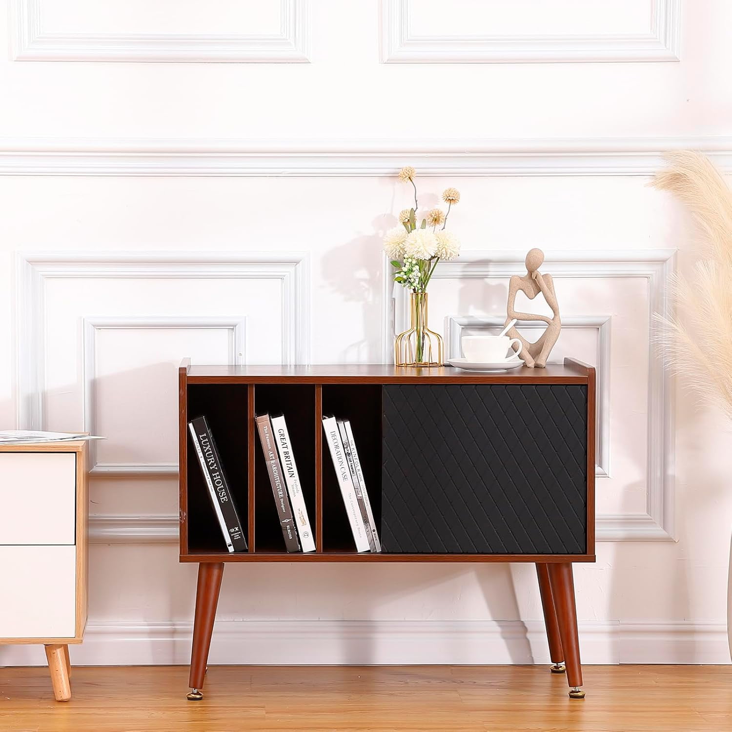 Essential Picks Elegant Record Player Stand with Vinyl Storage – Holds Up to 300 Albums, Built-In Charging Station, and Sliding Door Cabinet for Living Room & End Table Use