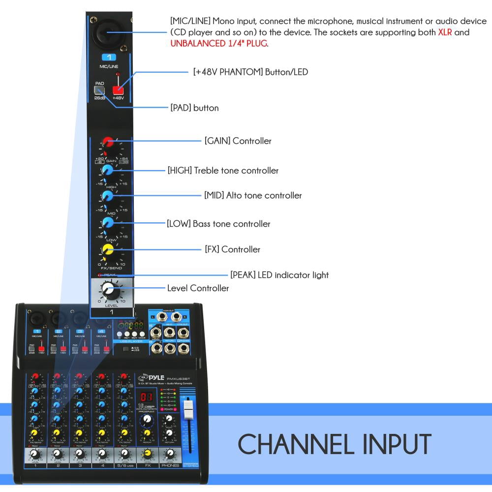 Pyle PMXU63BT - 6-Ch. Bluetooth Studio Mixer - DJ Controller Audio Mixing Console System