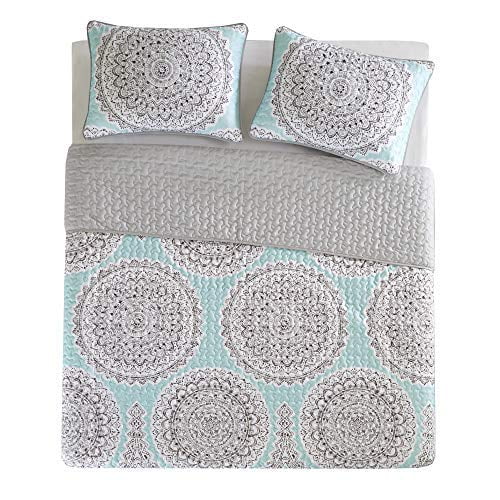 Comfort Spaces Adele 2 Piece Quilt Coverlet Bedspread Lightweight Printed Medallions Pattern Girls Room Bedding Set, Twin/Twin XL, Aqua