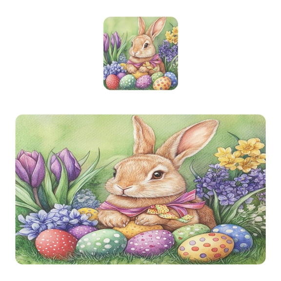 Wobogo Easter Orange Bunny Placemats Coasters Set of 1 Heat-resistant Non-slip Easy to Clean Square Dinner Plate Mat