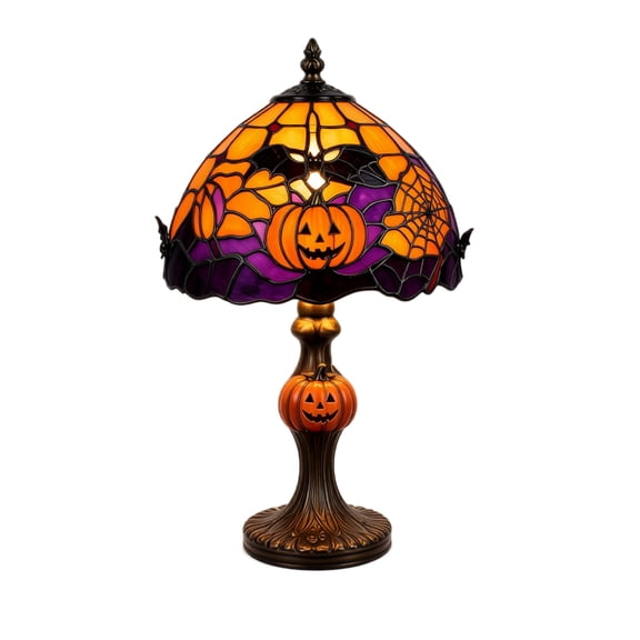 8.46" Stained Glass Halloween Table Lamp, Vintage Gothic Pumpkin Lotus Night Light, Spooky Jack-o'-Lantern Desk Lamp for Bedroom Study, Dark Academia Room Halloween Decor