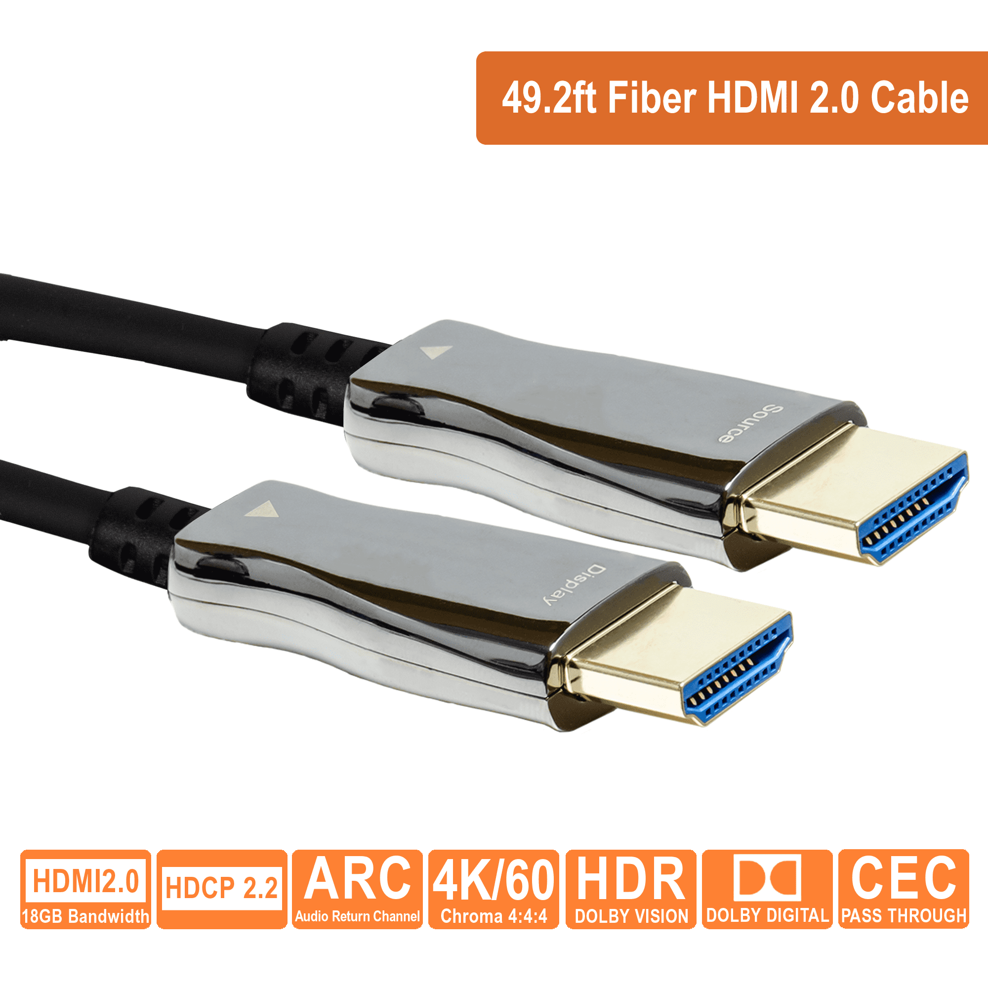 J-Tech Digital HDMI 2.0 Active Fiber Optic Cable 18Gbps 49.2 Feet | 4K 60Hz 4:4:4 HDR10 HDCP 2.2 Unidirectional [JTECH-FCAB154K]