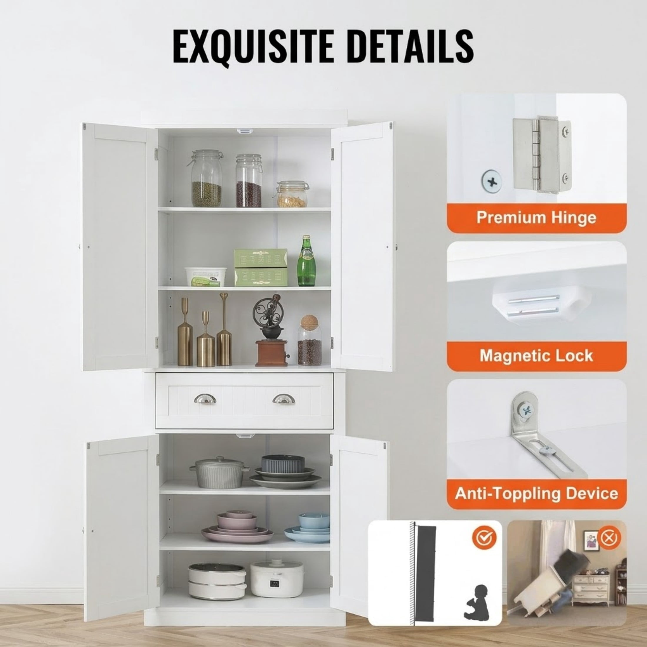 72" Kitchen Pantry Storage Cabinet, Tall Freestanding Utility Cabinet with Doors, Drawer and 3 Adjustable Shelves, White Food Buffet for Kitchen, Dining Room, Laundry