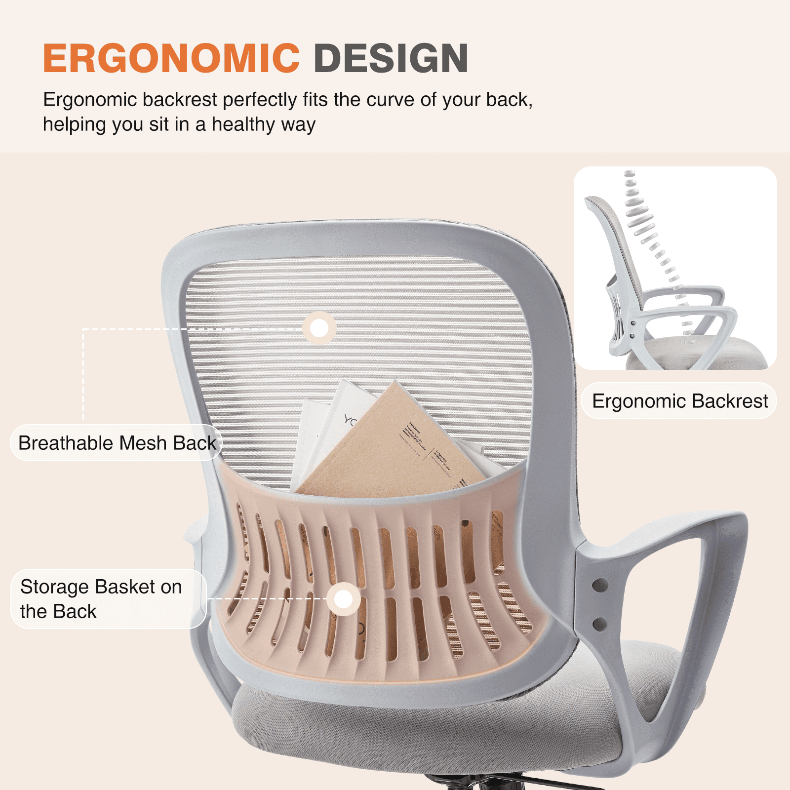MAYEERTY Ergonomic Office Chair for Standing Desk with Adjustable Height, Computer Desk Chairs, Fixed Handrail , Gray
