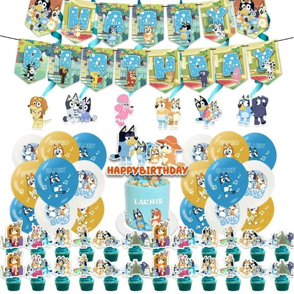 Bluey Party Decoration Set –1 Tablecloth, 1 Banner, 1 Cake Topper, 24 Cupcake Top– Includes 1 Tablecloth, 1 Banner, 1 Cake Topper, 24 Cupcake Toppers, 18 Balloons, 6 spirals for Celebrations