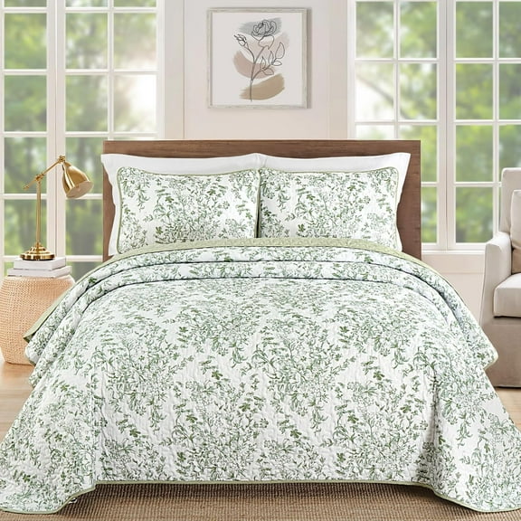 Quilt King Size, Sage Green Quilt Bedding Set with 2 Pillowcases, Botanical Quilt for King Bed, Soft Microfiber Lightweight Coverlet Bedspread for All Season (110"×90", 3 Pieces)