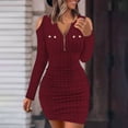 thumbnail image 2 of cfhntfmh Bodycon Dresses for Women Trendy V Neck Zipped Cold Shoulder Ribbed Party Dress Slim Long Sleeve Cocktail Mini Dress, 2 of 6