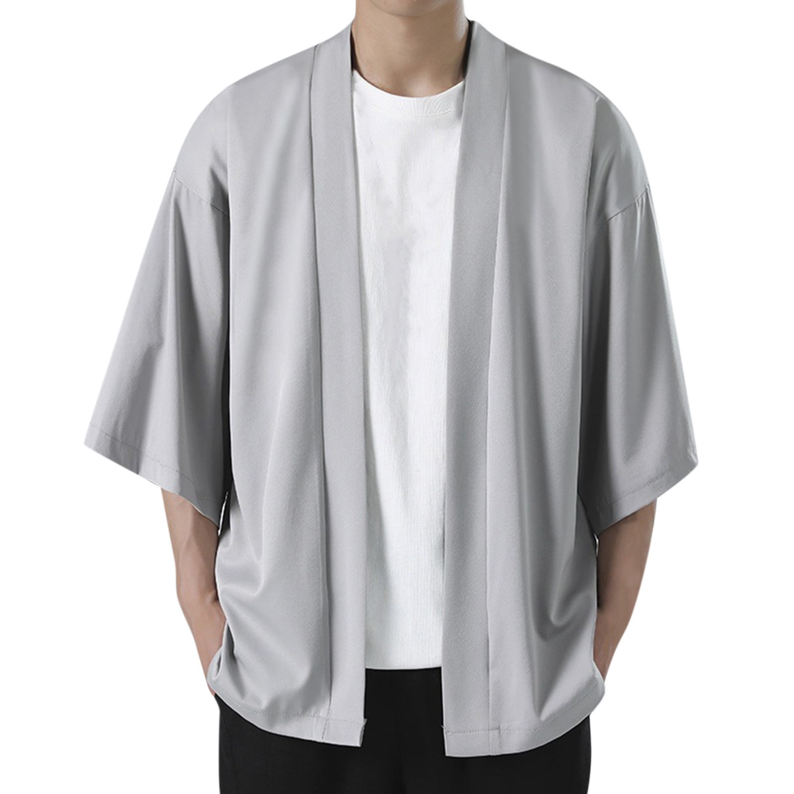 Mens Shirt Adult Male Mens Cardigan Jacket Men s Solid Drop Shoulder Kimono Jacket Open Front Cardigan Cloak Clothes Grey 3XL Walmart