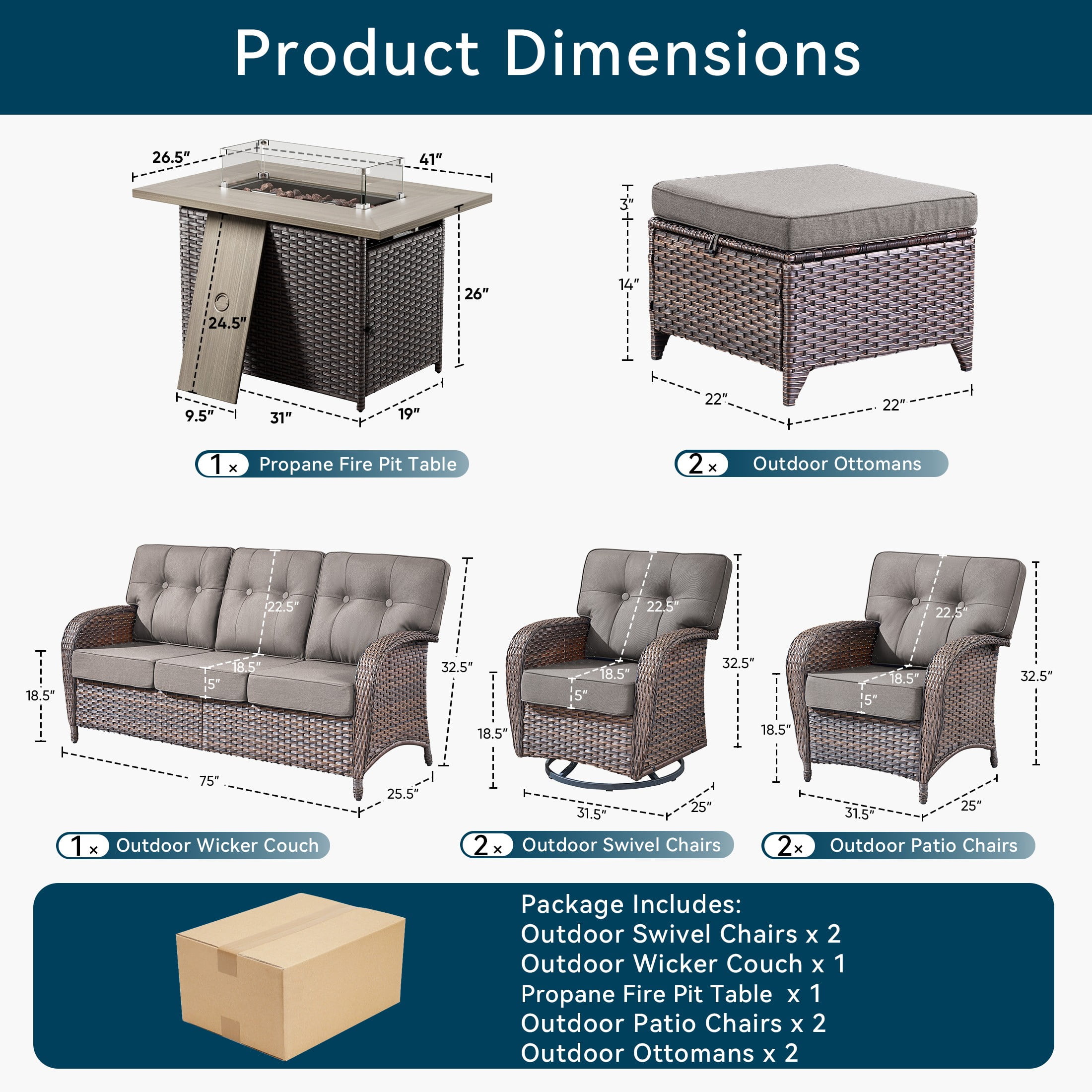 Unnifurnzi 8 Pieces Outdoor Patio Furniture Set with Fire Pit-Outdoor Sofa Couch with Outdoor Swivel Rocker Patio Chairs Wicker Patio Furniture for Deck Porch Garden Balcony Poolside-Brown/Gray