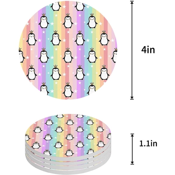 FMSHPON Penguin Rainbow Stripe Set of 6 Round Coaster for Drinks, Absorbent Ceramic Stone Coasters Cup Mat with Cork Base for Home Kitchen Room Coffee Table Bar Decor