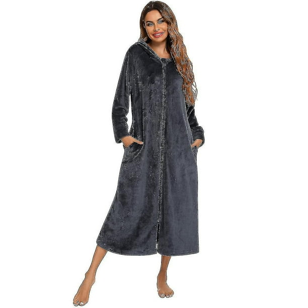 Women's Zip Up Plush Fleece Robe Hooded Warm Long Bathrobe