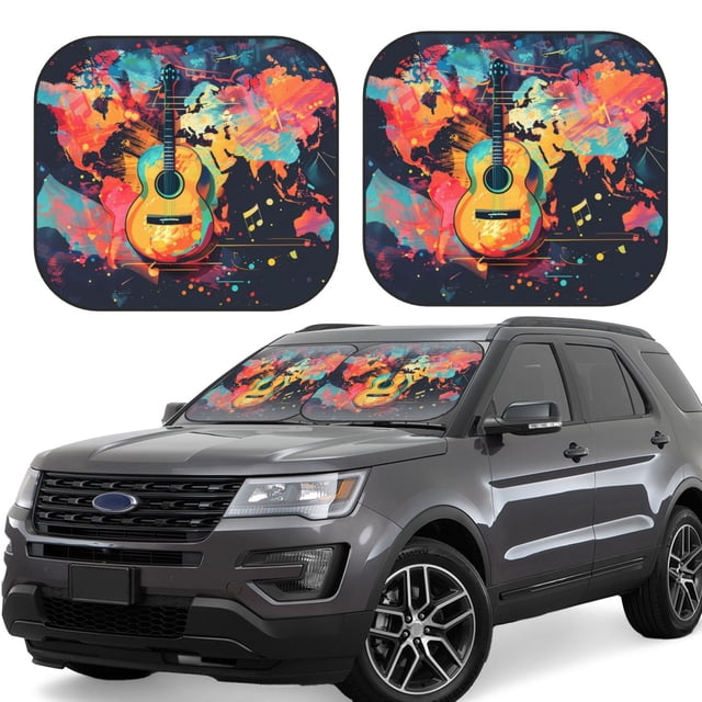 Saiise World Map Guitar Illustration for Foldable Car Sun Shades (2-Pack) Offer Sun Protection with an Easy-fold Design for Convenient Windshield Shading-Medium