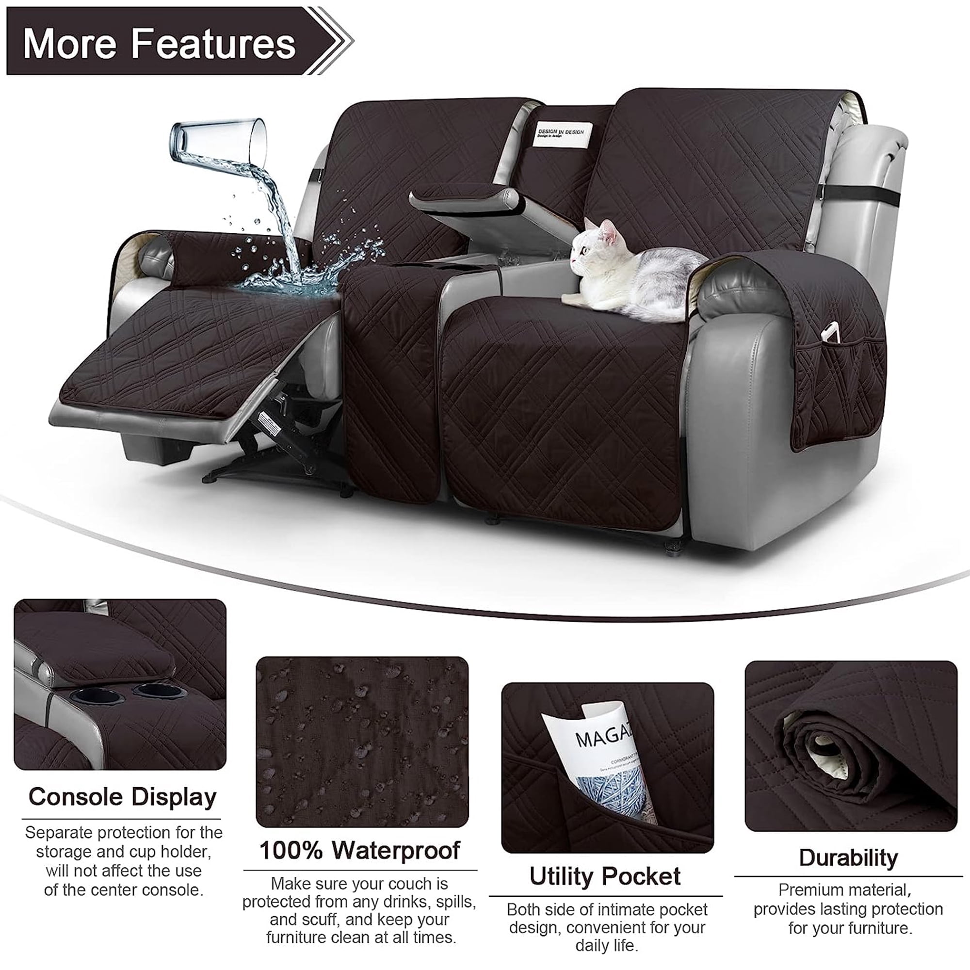 TAOCOCO Recliner Loveseat Covers Non-Slip Pet Cover for ouble Recliner Split Sofa Cover with Console Chocolate