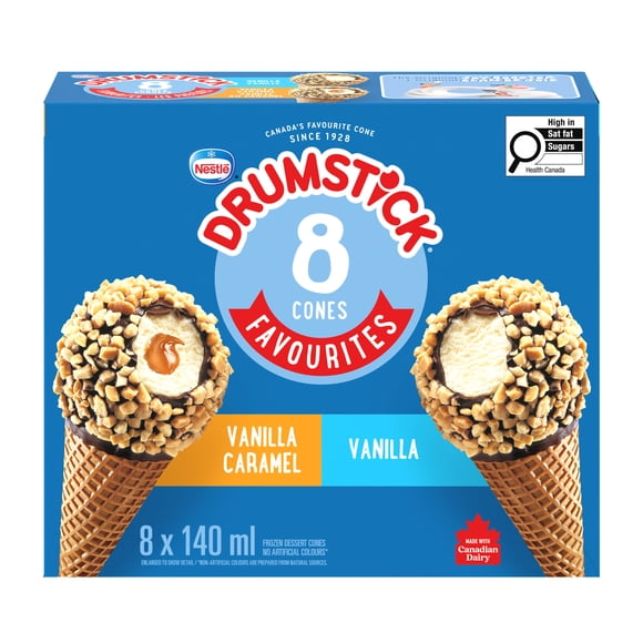 DRUMSTICK Vanilla and Vanilla Caramel Cones, Variety Pack, Frozen Dessert, 8 x 140 ml