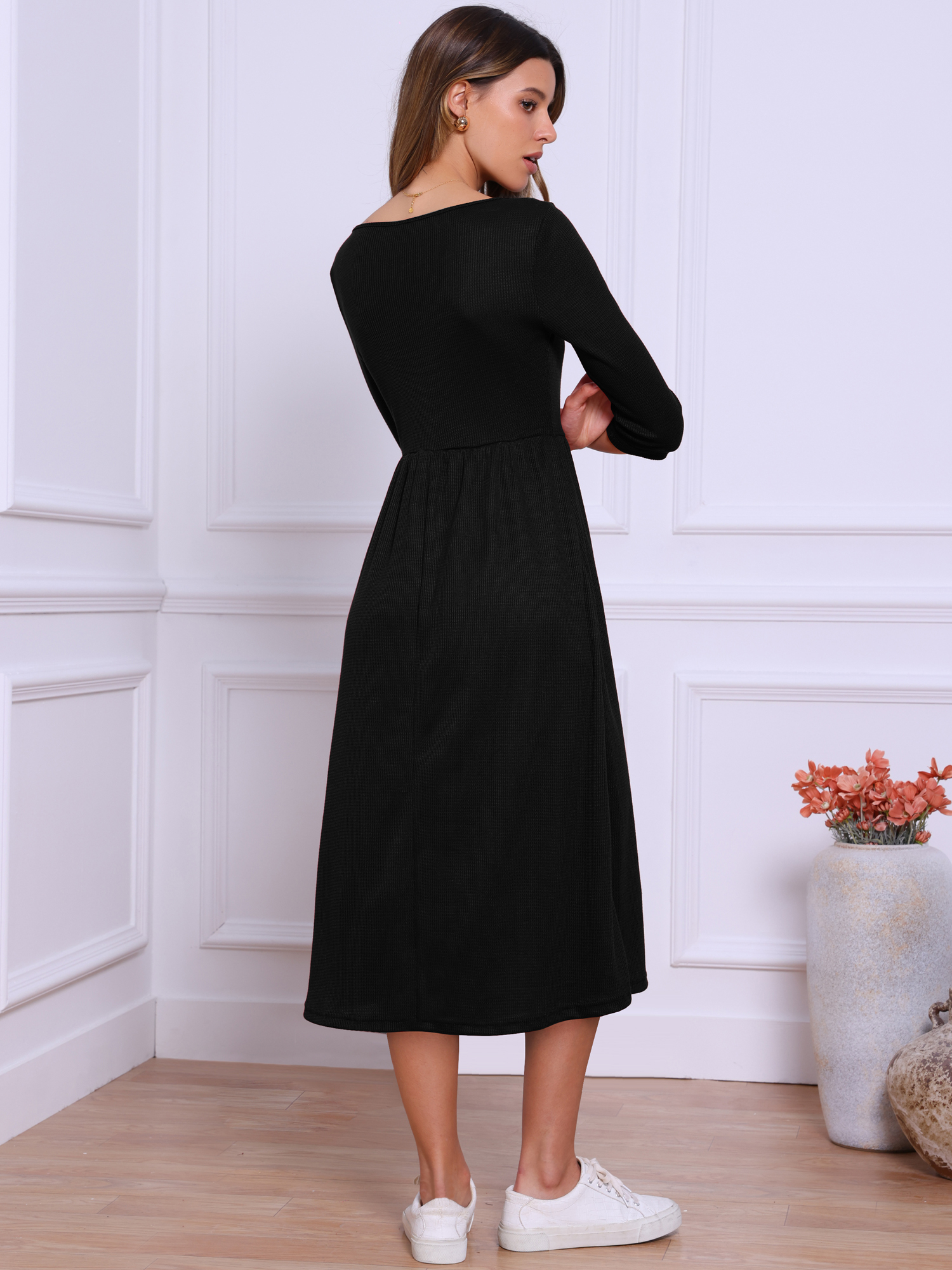 DARING DIVA Women's Casual Midi 3/4 Sleeves Square Neckline Dress S Black