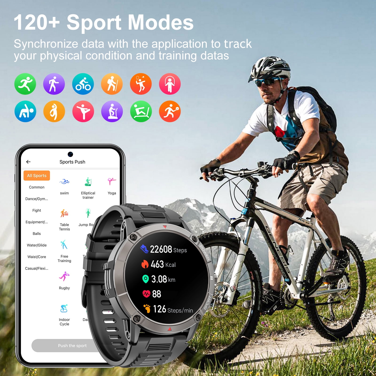 Mingdaln Military Smartwatch for men,with 120+ Sport Modes/ IP68 Waterproof , Rugged Fitness Tracker ,fits for Android and iPhone devices(Black) Mingdaln Military Smartwatch for men,with 120+ Sport Modes/ IP68 Waterproof , Rugged Fitness Tracker ,fits for Android and iPhone devices(Black) - Image 4