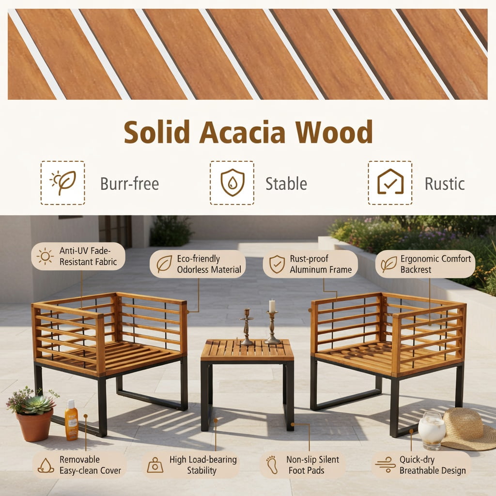 Hommoo 3-Piece Acacia Wood Patio Conversation Set with Cushioned Armchairs & Matching Coffee Table, Rust-Resistant Metal Frame, Removable Washable Covers, Ideal for Deck, Balcony & Porch, Navy