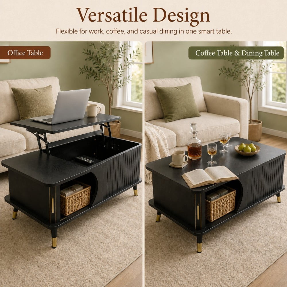 Lift Top Coffee Table with Hidden Storage Compartment and Large Shelf, Wood Farmhouse Coffee Table, Modern Center Table for Living Room, Office, Black