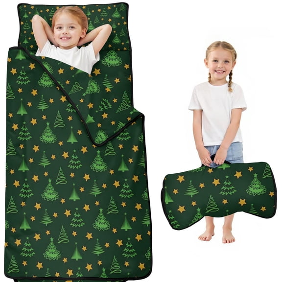 Dark Green Christmas Tree and Star Pattern Toddler Nap Mats for Kids Preschool,50"x20" Sleeping Mat Bag or Kids,Toddler Sleeping Bag,Toddler Nap Mat or Daycare