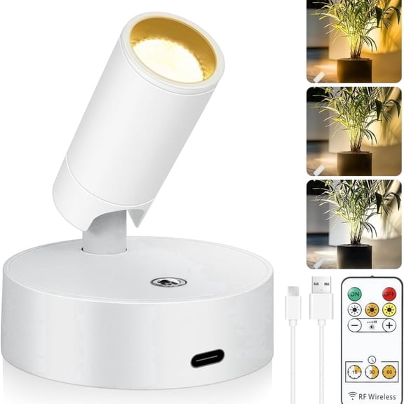 Indoor Wireless LED Spotlight, Indoor Plant Spotlight, Remote Dimmable, 350 ° Rotating, Rechargeable Upward Battery Powered, Ceiling Light for Artwork Painting Plant Picture Light White
