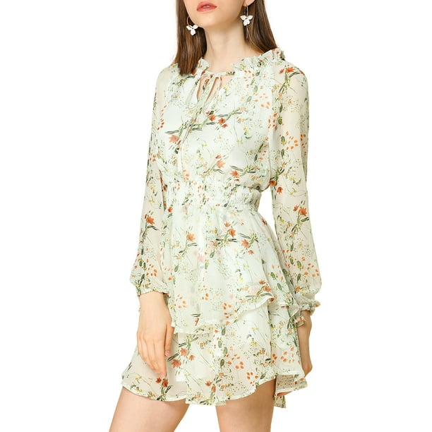 Vestido de gasa con estampado floral y cintura fruncida de manga larga en V para mujer M Blanco