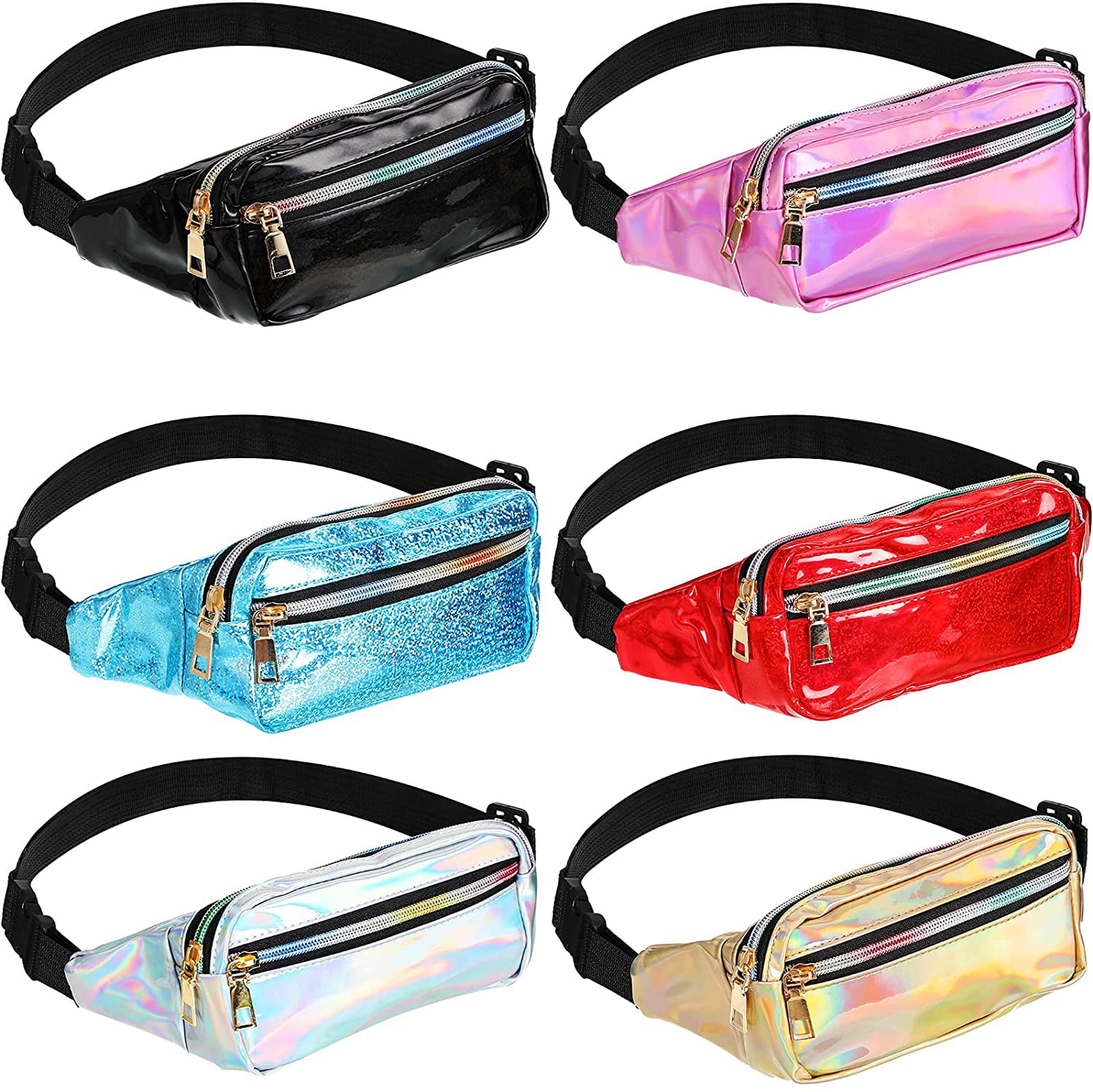 2 Pieces Fanny Pack Shiny Holographic Waist Bags Waterproof Neon Fanny Packs for Women Festival Party Travel Rave Hiking Outdoor Activities Silver, Rose Gold 