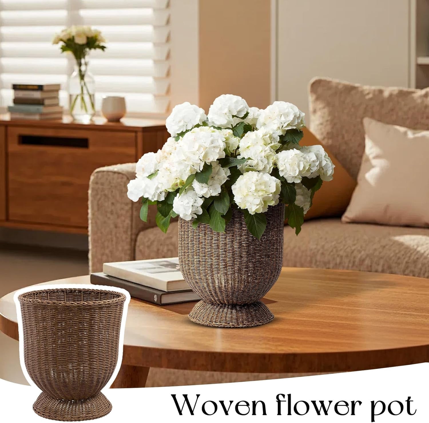 HoliHive 11.81 Inch Handwoven Boho Wicker Basket,Woven Decorative Storage Basket and Planter for Porch Patio Backyard Home Garden