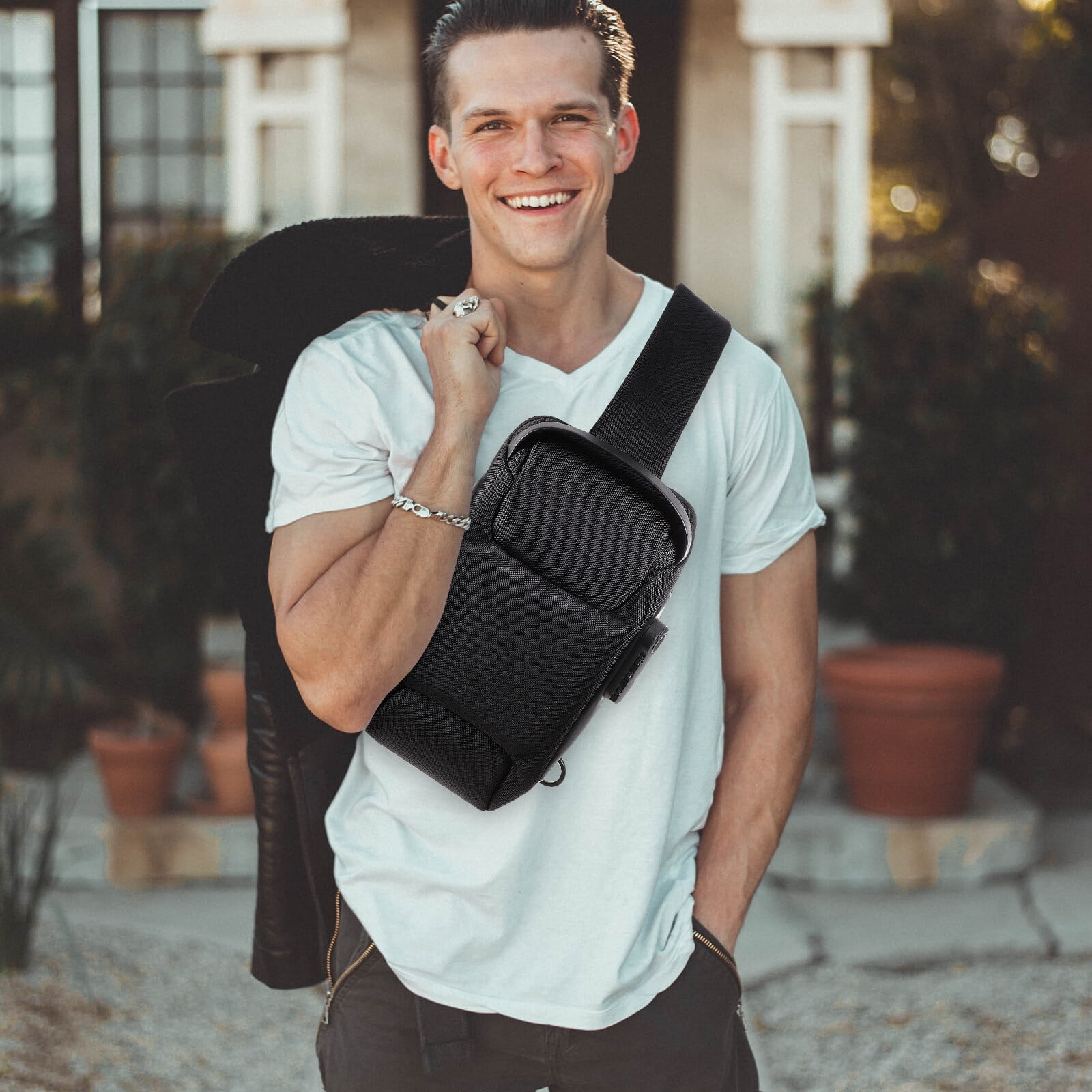 Mens Sling Bag Anti Theft Black Oxford 1Pcs