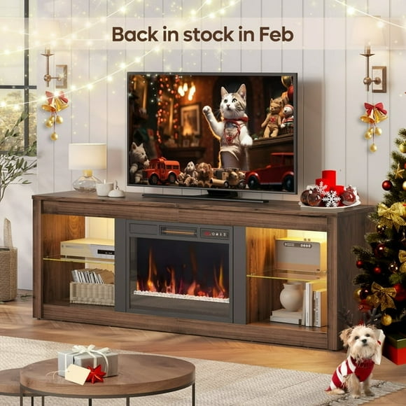 Bestier Modern Electric 7 Color LED Fireplace TV Stand for TVs up to 70", Walnut