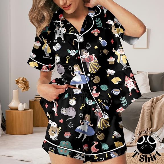 Wonderland Satin Pajama Set for Women, Fantasy Storybook Sleepwear Loungewear, Whimsical Tea Party Pajamas, Book Lover Gift