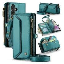 for Samsung Galaxy A25 5G Full Body Protection Wallet Folio Flip Case, Shoulder Strap & Wristlet Card Slots Zipper Pocket RFID Blocking Rugged Durable PU Leather Phone Case Cover, Green
