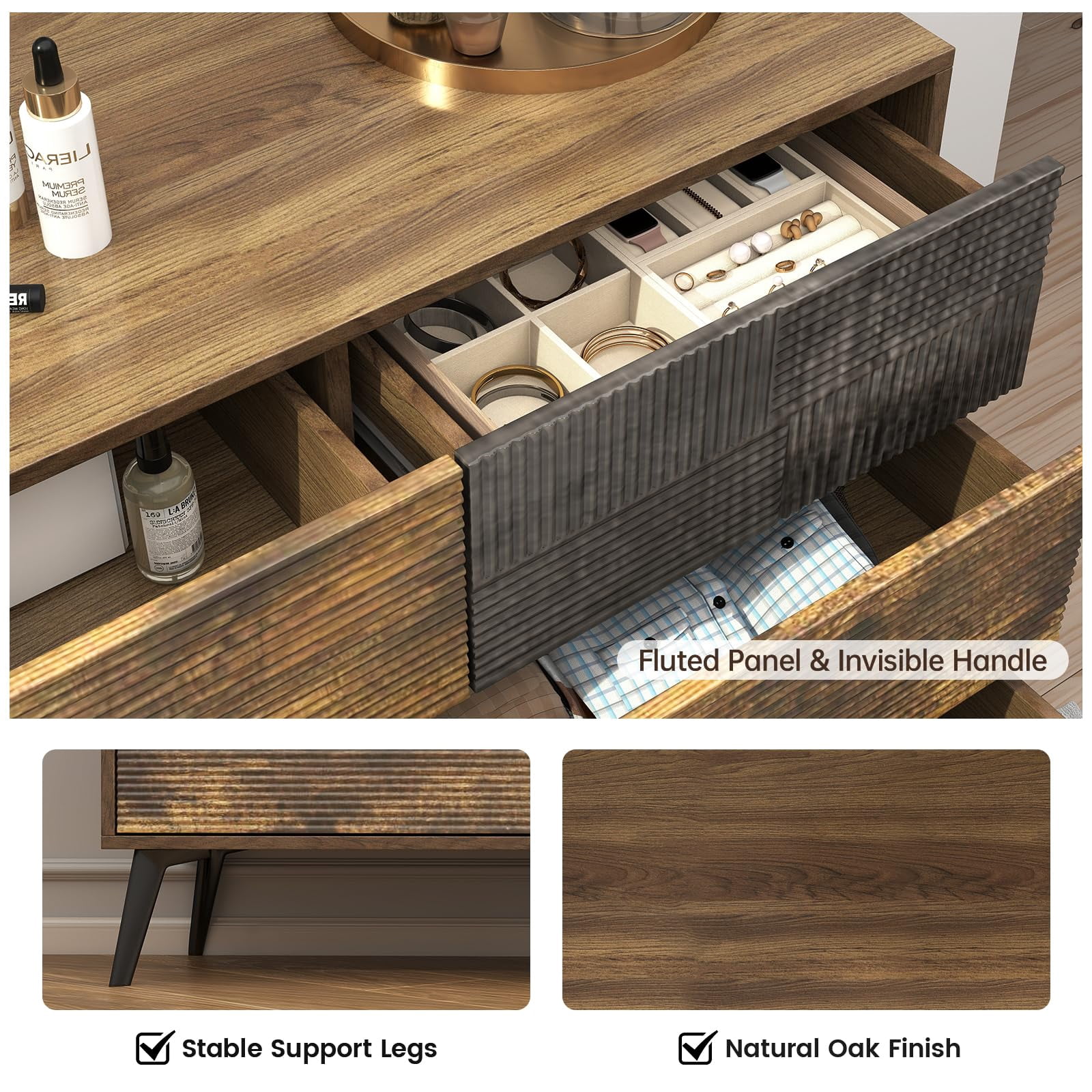 Danpinera Home 6-Drawer Fluted Dresser, 47” Wide Handleless Chest with Wood Finish, Rustic Brown Modern Storage Cabinet for Bedroom or Hallway