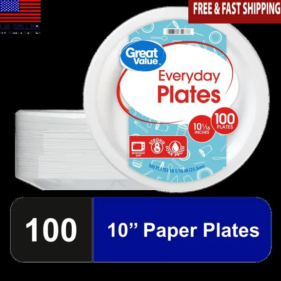 Disposable Paper Plates 10In Strong Soak Proof Microwave Safe 100Ct Party Use
