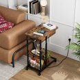 thumbnail image 2 of IdeaHouse Table d'Appoint en Forme de C avec Station de Recharge, Table d'Appoint de Sofa à Dessus Rabattable avec Ports USB et Prises pour Salon et Chambre, Table d'Appoint Étroite avec Étagère de Rangement à 3 Niveaux - Brun Rustique, 2 of 7